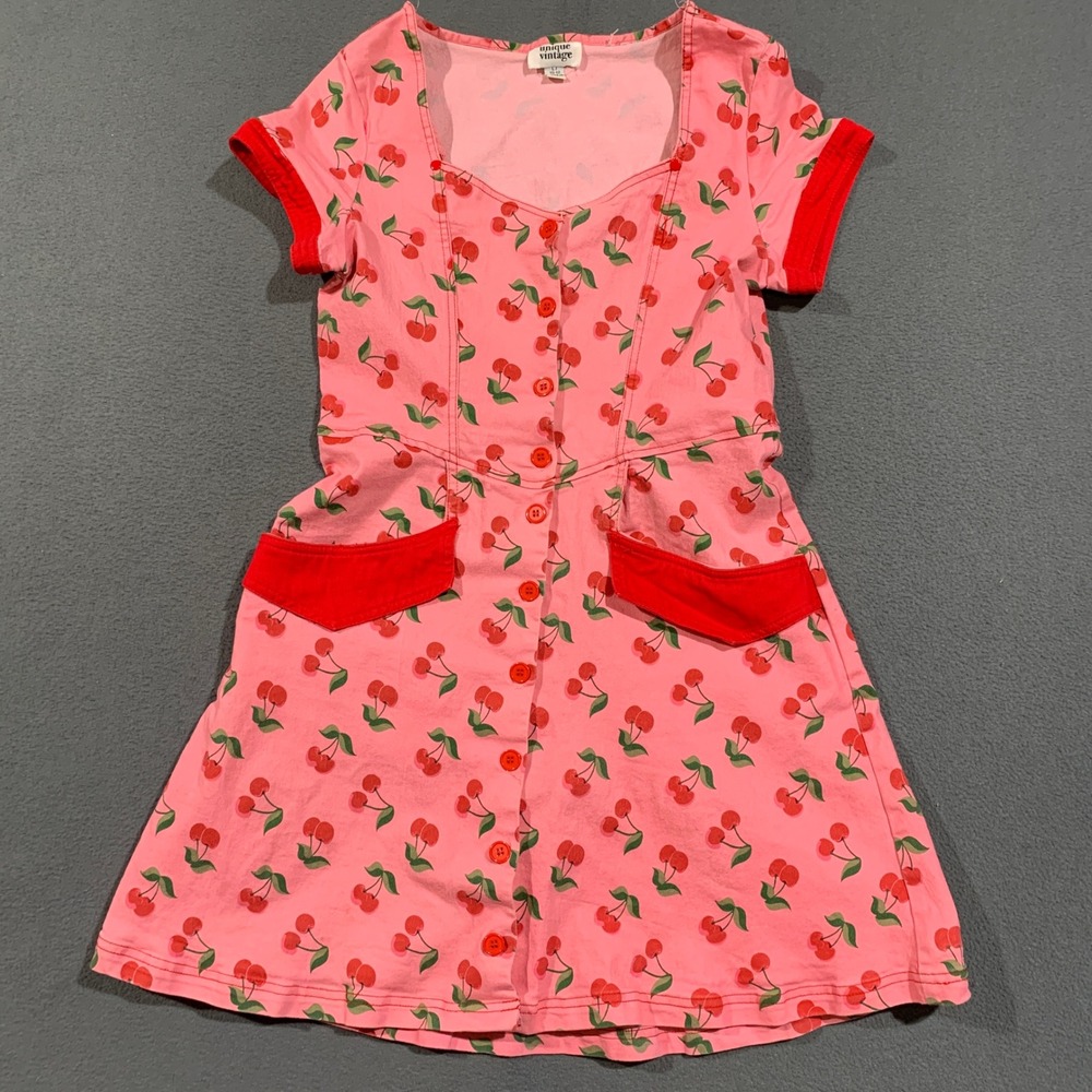 Unique Vintage Dress Womens L 10-12 Pink Cherry Print Rockabilly Retro Pinup